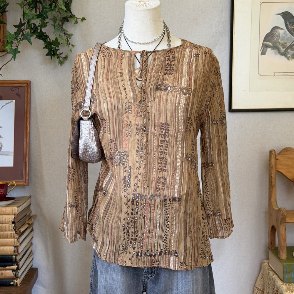Brown Silk Geometric Print Tie Neck Blouse Boho Vintage 90s Size S Sheer Overlay
